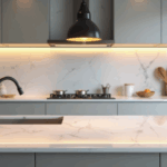 Bancada de quartzo iluminada por luzes LED embutidas com acabamento brilhante em cozinha moderna