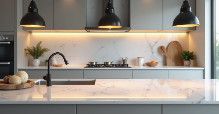 Bancada de quartzo iluminada por luzes LED embutidas com acabamento brilhante em cozinha moderna