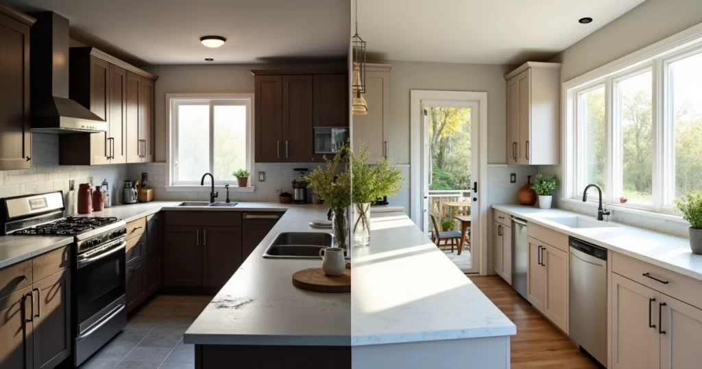 Cozinha antiga reformada com bancadas de quartzo branco e iluminação natural