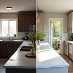 Cozinha antiga reformada com bancadas de quartzo branco e iluminação natural