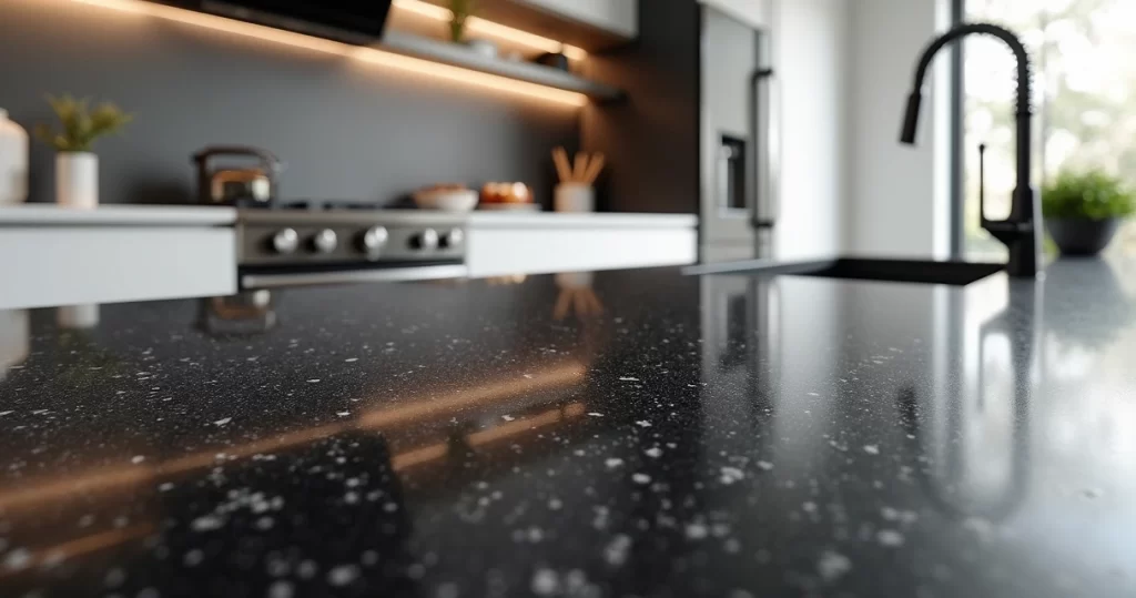 Bancada de cozinha em granito preto São Gabriel com acabamento polido, bancada iluminada e detalhes da textura da pedra