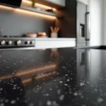 Bancada de cozinha em granito preto São Gabriel com acabamento polido, bancada iluminada e detalhes da textura da pedra