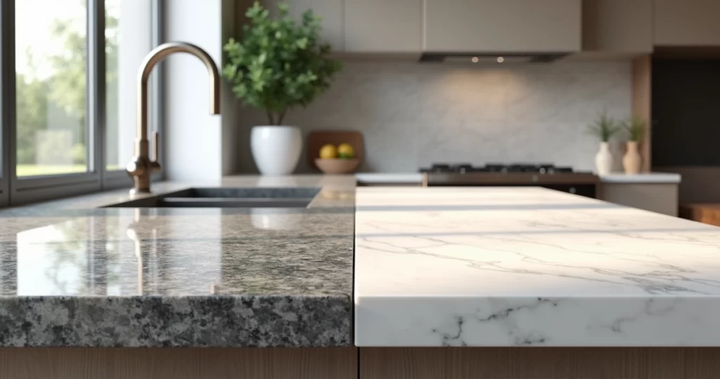 Bancadas de granito e mármore instaladas em cozinha moderna com iluminação natural