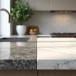 Bancadas de granito e mármore instaladas em cozinha moderna com iluminação natural