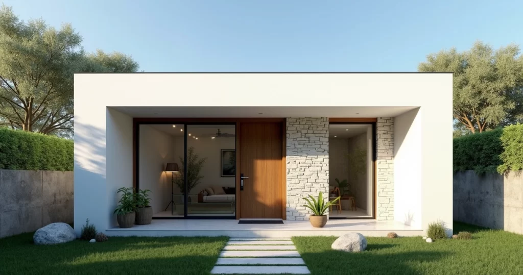 Casa pequena moderna com fachada branca, janelas amplas e jardim minimalista