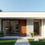 Casa pequena moderna com fachada branca, janelas amplas e jardim minimalista