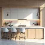 Cozinha moderna com bancada e backsplash de quartzo branco, armários claros e iluminação natural