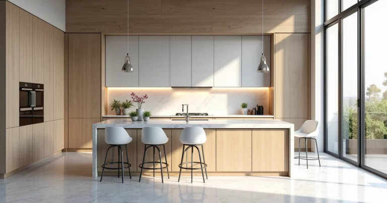 Cozinha moderna com bancada e backsplash de quartzo branco, armários claros e iluminação natural