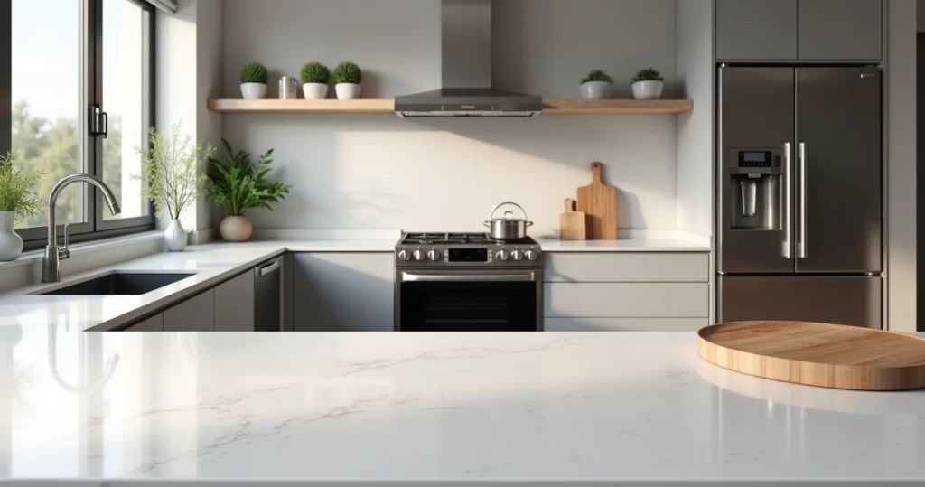 Bancada de quartzo branco em cozinha moderna com eletrodomésticos inox e iluminação natural