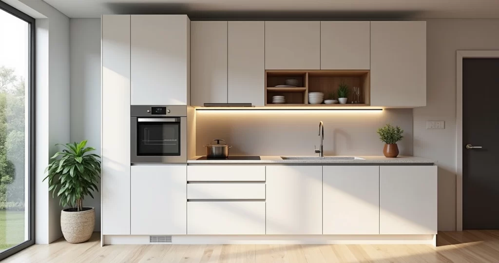 Cozinha compacta com móveis planejados brancos e bancada de quartzito integrada