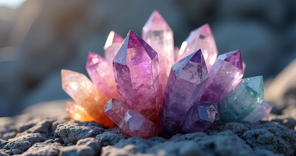 Cristais de quartzo em diversas cores exibindo estrutura cristalina detalhada