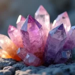 Cristais de quartzo em diversas cores exibindo estrutura cristalina detalhada