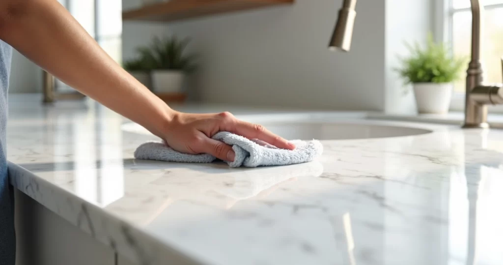 Mão limpando bancada de mármore branco com pano macio e produto neutro, ambiente claro e elegante
