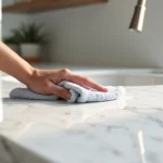 Mão limpando bancada de mármore branco com pano macio e produto neutro, ambiente claro e elegante