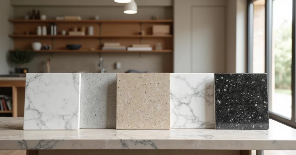 Bancada comercial de pedra em ambiente moderno com plantas e cadernos de anotações ao lado 