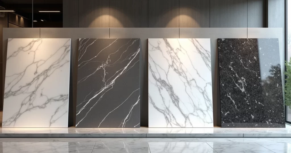 Bancadas de quartzo, mármore e granito variadas em showroom moderno e iluminado