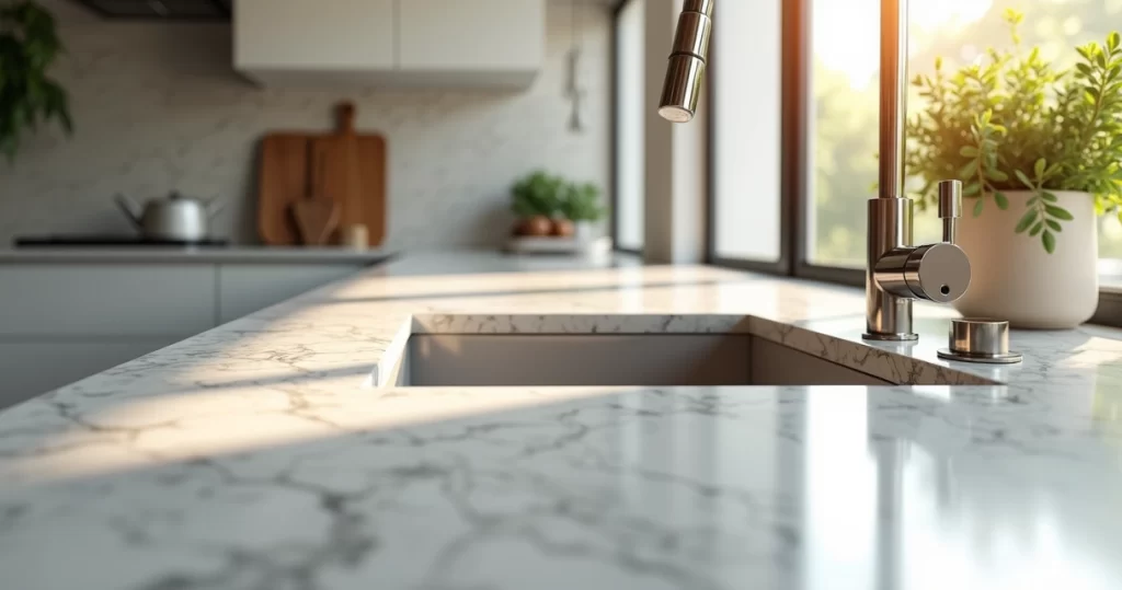 Pia de mármore sob medida instalada em cozinha moderna com bancada branca e iluminação natural