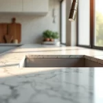 Pia de mármore sob medida instalada em cozinha moderna com bancada branca e iluminação natural