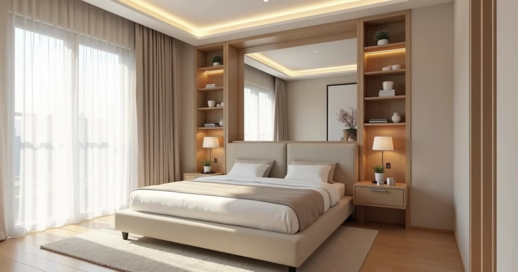 Quarto de casal pequeno com móveis planejados claros, espelho grande na parede e iluminação natural suave