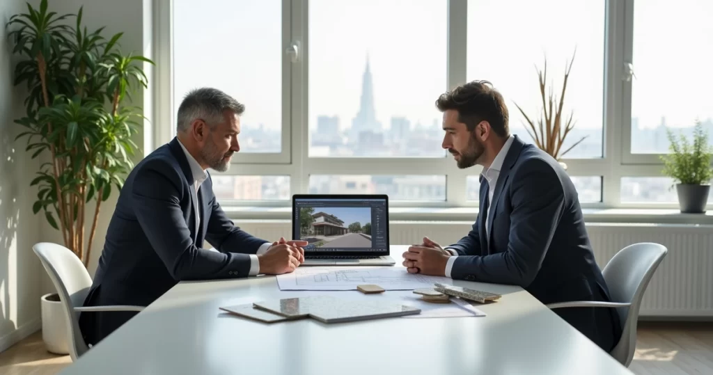 Reunião de arquiteto e cliente analisando plantas e amostras de materiais em mesa moderna