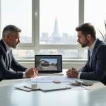 Reunião de arquiteto e cliente analisando plantas e amostras de materiais em mesa moderna