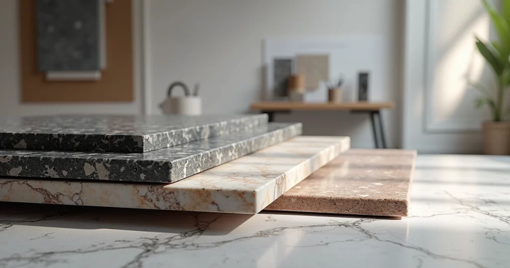 Variedade de rochas ornamentais como mármore, granito e quartzo em peças detalhadas para arquitetura