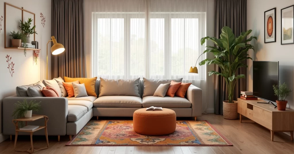 Sala de apartamento alugado decorada com móveis multifuncionais, plantas e iluminação acolhedora