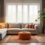 Sala de apartamento alugado decorada com móveis multifuncionais, plantas e iluminação acolhedora