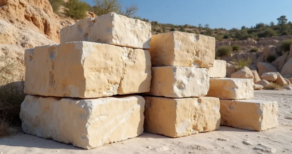 Blocos naturais de travertino em formação, exibindo textura porosa e tons bege claros