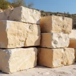Blocos naturais de travertino em formação, exibindo textura porosa e tons bege claros