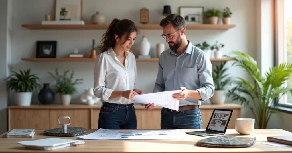Arquiteto e designer de interiores analisando plantas e amostras de materiais em escritório moderno