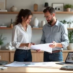 Arquiteto e designer de interiores analisando plantas e amostras de materiais em escritório moderno