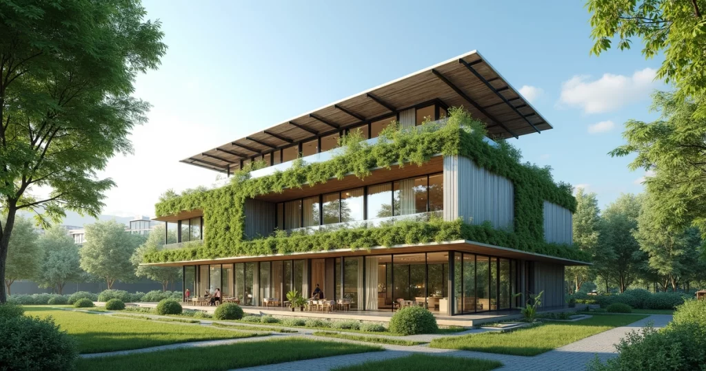 Prédio moderno com design bioclimático e jardim sustentável no teto
