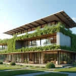 Prédio moderno com design bioclimático e jardim sustentável no teto