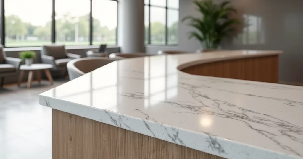 Bancada comercial com granito Branco Itaúnas polido em ambiente sofisticado e moderno