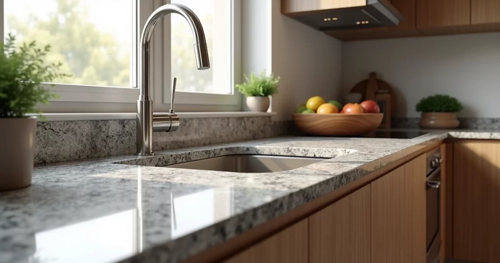 Bancada de cozinha com diferentes cores de granito, incluindo tons claros e escuros, textura polida e acabamento elegante