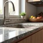 Bancada de cozinha com diferentes cores de granito, incluindo tons claros e escuros, textura polida e acabamento elegante