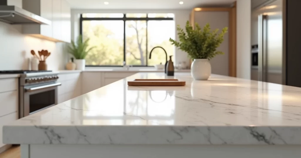 Bancada de cozinha sofisticada em mármore Carrara com decoração moderna e iluminação natural