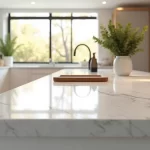 Bancada de cozinha sofisticada em mármore Carrara com decoração moderna e iluminação natural