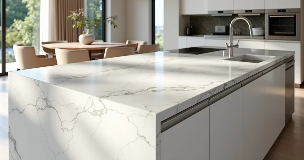 Bancada de quartzito branco em cozinha sofisticada com acabamento polido e iluminação natural