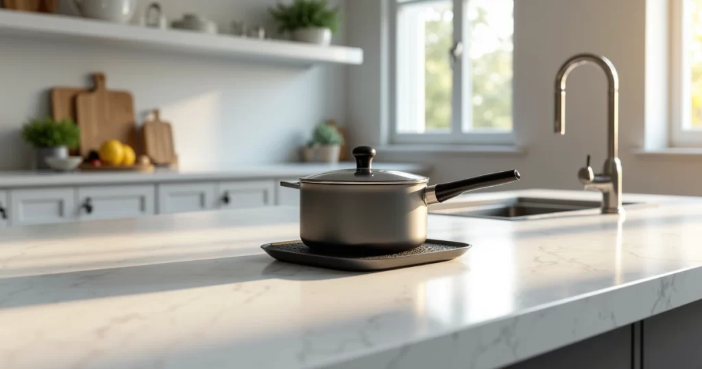 Bancada de quartzo branca em cozinha moderna com suporte para panela quente e base protetora de silicone