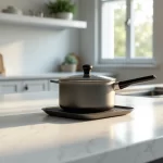 Bancada de quartzo branca em cozinha moderna com suporte para panela quente e base protetora de silicone