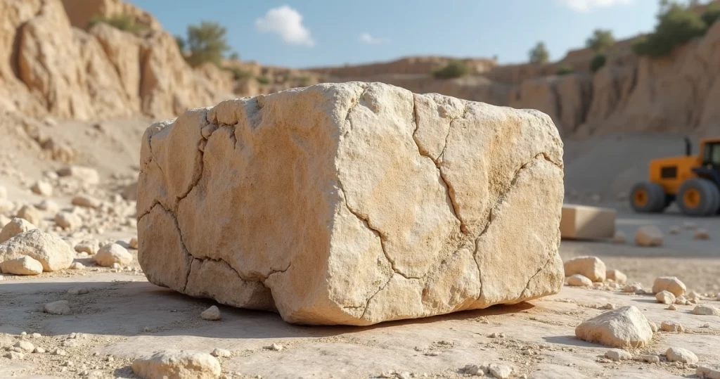 Bloco de travertino natural com textura detalhada em ambiente de extração
