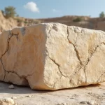 Bloco de travertino natural com textura detalhada em ambiente de extração