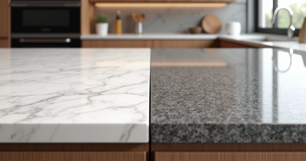 Close-up de bancadas de mármore branco e granito cinza com detalhes de textura e acabamento polido