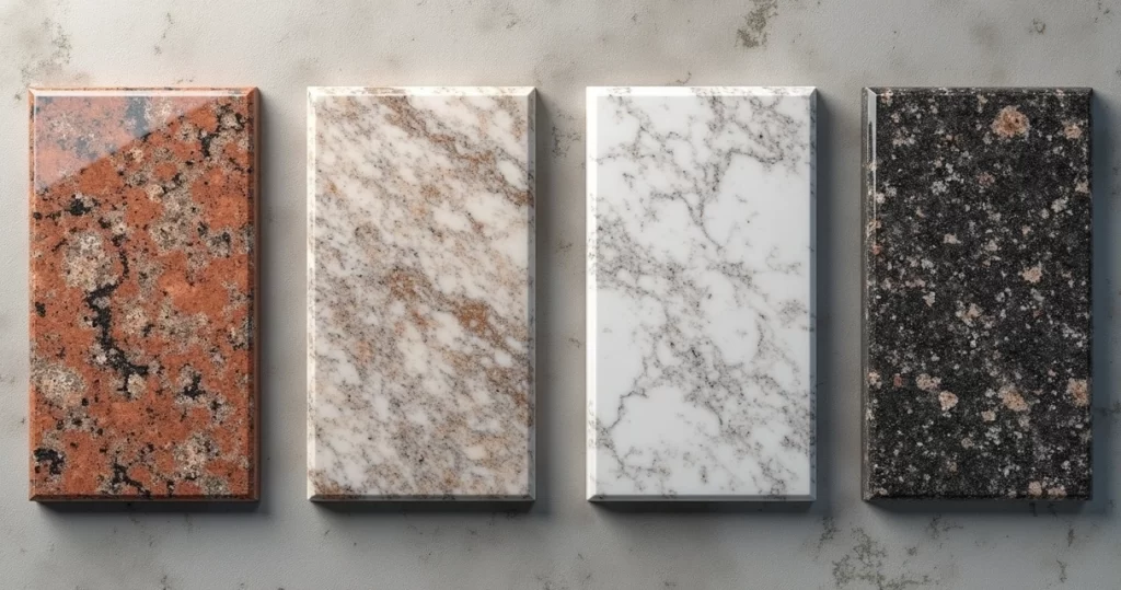 Superfícies detalhadas de granito Branco Itaúnas com diferentes acabamentos polido, escovado, flameado e apicoado expostos lado a lado