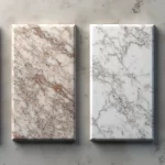 Superfícies detalhadas de granito Branco Itaúnas com diferentes acabamentos polido, escovado, flameado e apicoado expostos lado a lado