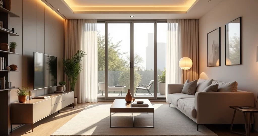 Sala de estar moderna com iluminação indireta e difusa, abajur de LED e luz natural entrando pela janela