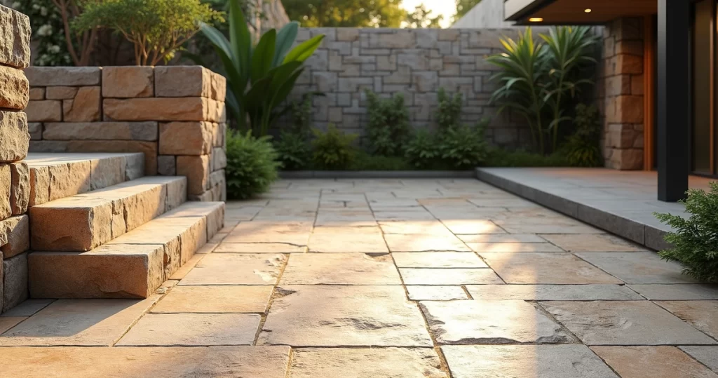 Área externa com piso de pedras naturais São Tomé e muro decorativo com pedras Miracema sob luz natural