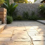 Área externa com piso de pedras naturais São Tomé e muro decorativo com pedras Miracema sob luz natural